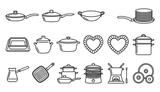 Kitchen cookware and pots pans line icons set for cooking utensil restaurant culinary website vector
