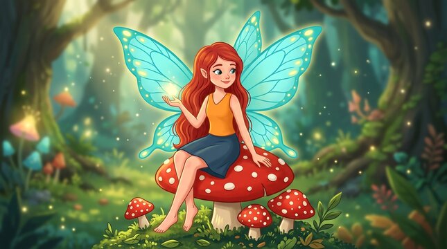 Whimsical forest fairy with blue butterfly wings, magical woodland pixie sitting on red toadstool mushroom, enchanted garden character