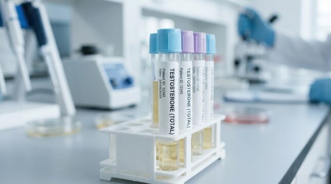 Testosterone test tubes in a modern laboratory setting with scientist in background