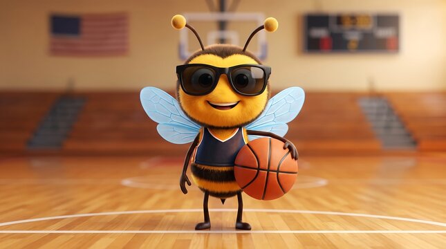 Cute bumblebee mascot wearing sunglasses holding a basketball. 3D cartoon bee character in a gym. Sporty honeybee athlete on court.