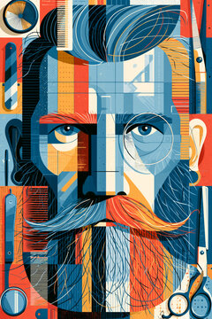 Colorful geometric illustration of a bearded man with a styled mustache surrounded by barber tools, combs and scissors