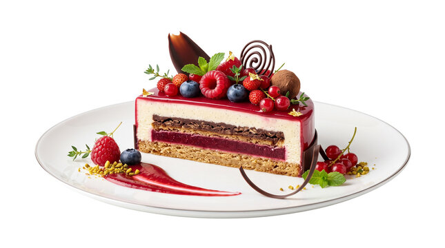 Gourmet raspberry mousse cake slice, elegant berry cheesecake with chocolate decor, luxury fruit entremet dessert on white plate
