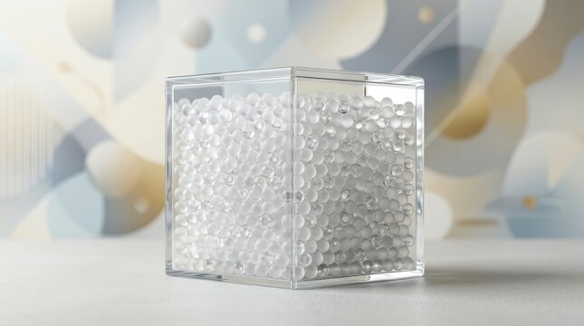 Transparent cube filled with numerous small glass spheres and abstract background