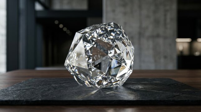 Large, faceted clear crystal gemstone reflecting light on a dark slate surface