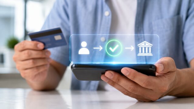 Person holding credit card using smartphone for secure online banking transaction identity verification process