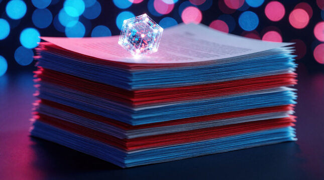 Digital data node glows above large stack of paper files. Glowing cube represents enterprise content management, digital asset workflow. Concept of cloud storage, data automation, secure information