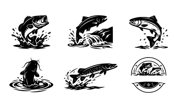 Fish Silhouette Vector Bundle Featuring Bass, Salmon, Trout, Catfish, and Pike with Fishing Badge Emblems for Outdoor Designs