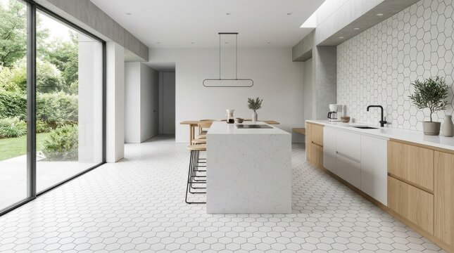 Modern minimalist kitchen with hexagonal floor tiles and natural wood accents