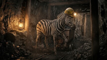 Naklejka premium Zebra wearing a hard hat and headlamp works in a dark coal mine