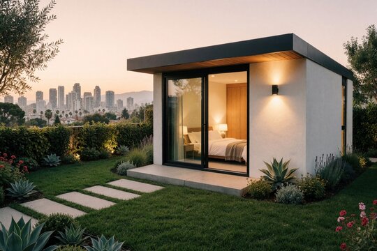 Modern small accessory dwelling unit with glass sliding door. Tiny house features bedroom inside, garden patio outside. Urban city skyline view at sunset. Contemporary backyard studio with green