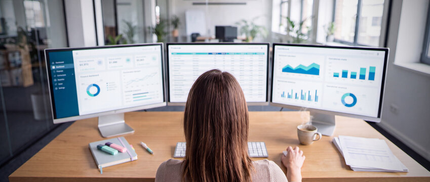 Young female financial data analyst reviewing business trends in modern office