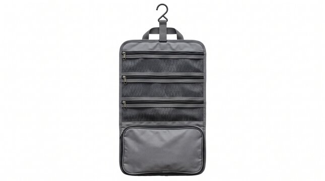 Grey hanging toiletry bag with mesh pockets, portable travel organizer for cosmetics, foldable wash bag with hook for bathroom storage