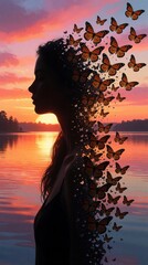 Fototapeta na wymiar Woman silhouette transforms into butterflies over calm lake at vibrant sunset. Orange sky reflects on water surface creating peaceful, tranquil mood. Evening nature scene with reflection, beauty.