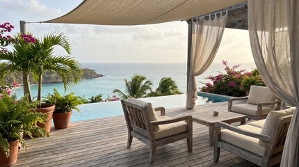 Fototapeta premium Luxury Tropical Villa Deck with Infinity Pool Overlooking Ocean