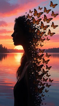 Woman silhouette transforms into butterflies over calm lake at vibrant sunset. Orange sky reflects on water surface creating peaceful, tranquil mood. Evening nature scene with reflection, beauty.