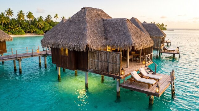 Luxury overwater bungalow villas in tropical ocean resort at sunset