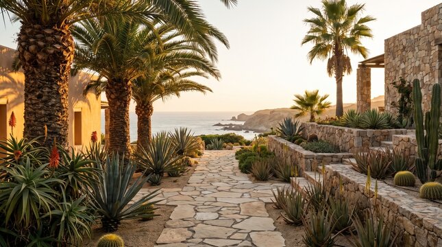 Luxury Mediterranean villa stone pathway with palm trees and ocean view at sunset