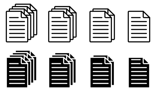 Set of document and paper stack outline and solid black silhouettes on a white background, file