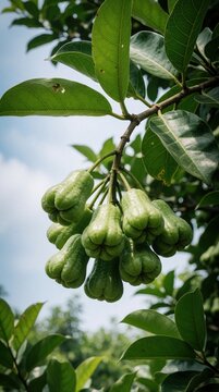 Green wax apples hang from a branch with leaves. These watery fruits grow on trees, offering a sweet, crisp bite. Perfect for healthy eating and tropical cuisine inspiration.