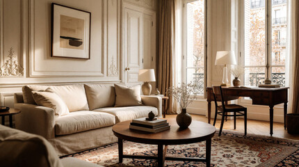 Fototapeta premium Elegant living room features beige sofa, wooden coffee table. Bright window light fills airy apartment with classic decor. Wooden desk with lamp sits near large window. Sophisticated interior design