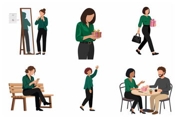 Obraz premium Lifestyle flat vector illustration set of a woman in daily activities including getting ready, holding a gift, walking, using phone, waving, and meeting a friend at a cafe.