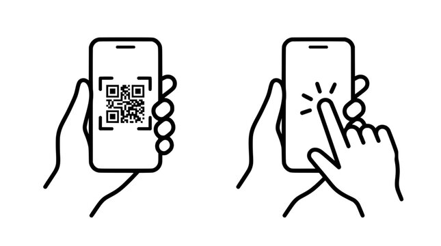Minimalist QR code scanning icons, hand holding smartphone vector set, mobile payment and digital touch screen line art