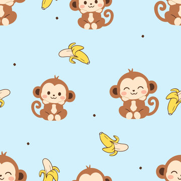 Cute seamless monkey and banana pattern featuring adorable smiling little monkeys and peeled bananas on a soft blue background in hand drawn flat vector style.