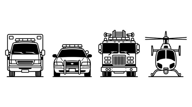 Emergency vehicles including an ambulance, police car, fire engine, and helicopter are presented as black and white line icons.