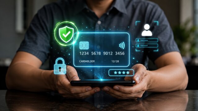 Person holding smartphone utilizing secure digital banking interface with glowing credit card transaction