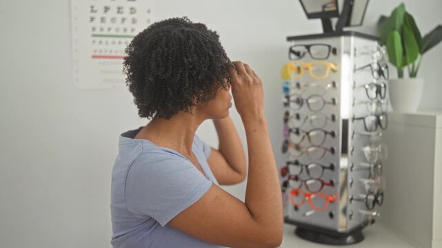 Young african american woman wearing cat eye glasses, adjusting frames with hand at temple while seated near eyeglass display and eye chart in an optical clinic; confidence.
