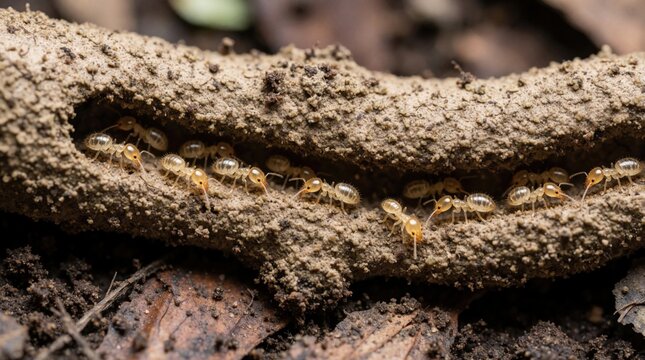 Close up of worker termites crawling inside mud tube nest on forest floor. Small insects move through dirt tunnel in nature. Colony of termites build home in soil near decaying wood, leaves in wild