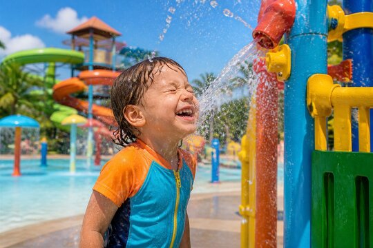 Toddler laughing under water spray at outdoor splash park