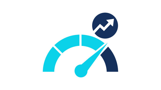 Speedometer gauge icon showing high performance and business growth momentum on a white background.
