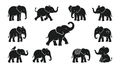 Fototapeta premium African elephant silhouette collection featuring adults, calves, walking and playful wildlife poses.
