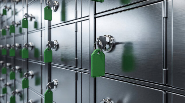 Metal safety deposit boxes with keys, green tags offer secure storage for valuables. Numbered compartments provide private safe keeping for documents, cash, heirlooms. Secure personal belongings in