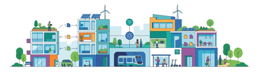 Naklejka premium Sustainable smart city illustration with renewable energy and modern buildings