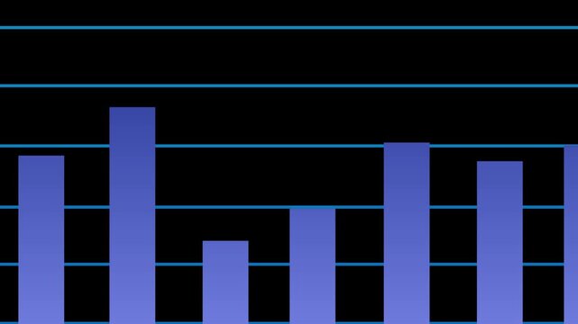 Blue bar chart animation showing growth trends or financial statistical data analysis with blue grid lines on a black background.