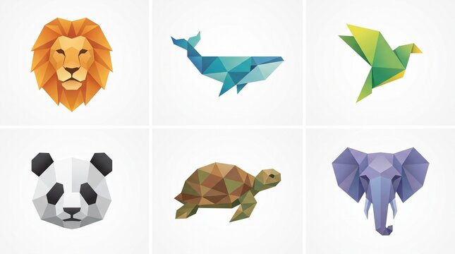 Geometric polygonal animal icons set featuring low poly lion whale bird panda turtle and elephant vector illustrations on white background