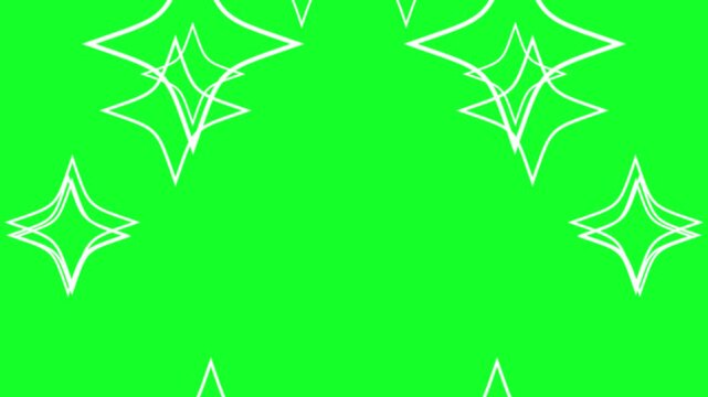 Animation of moving stars with white outlines against a green screen background for easy chroma key effects.