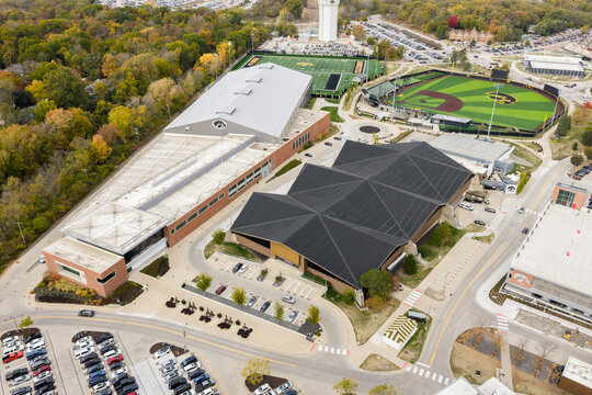 Iowa City, IA, USA - October 28, 2025: Aerial view of University of Iowa's Indoor Track Facility, Hansen Football Performance Center, Practice Football Field, and Duane Banks Field.