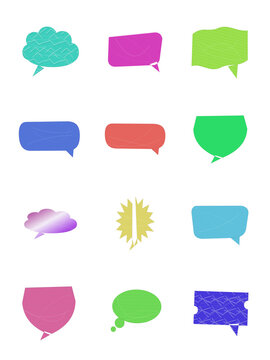Set of twelve colorful speech bubbles and comic thought clouds for messaging and communication design