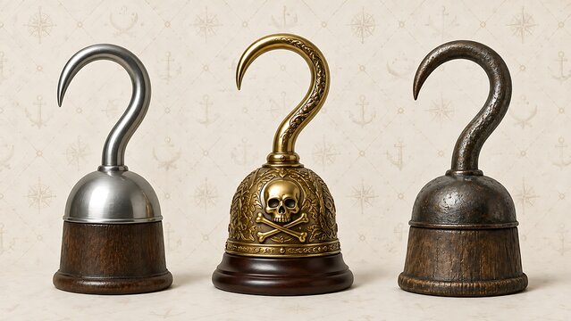 Pirate hooks in various styles from antique to ornate for adventure and danger.
