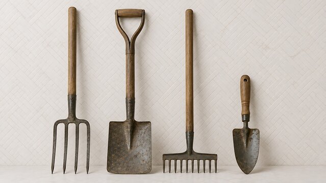 Set of vintage garden tools featuring fork shovel rake and trowel with wooden handles on white tiled wall background.