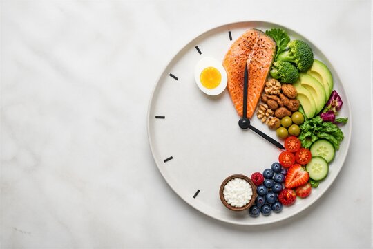 Assorted healthy foods arranged like clock on plate