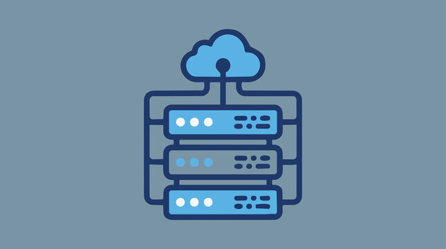 Server rack connected to cloud computing network icon representing data storage host system.