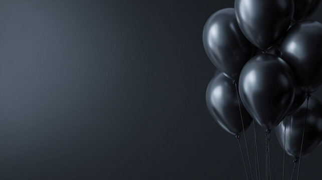 Bunch of black party balloons on a dark background with celebration, background