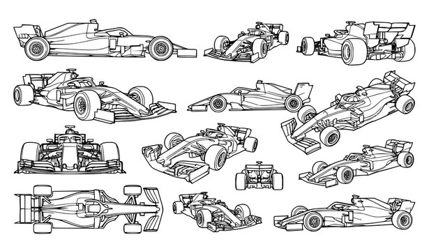 Formula racing car outline icons in different views line art vector set