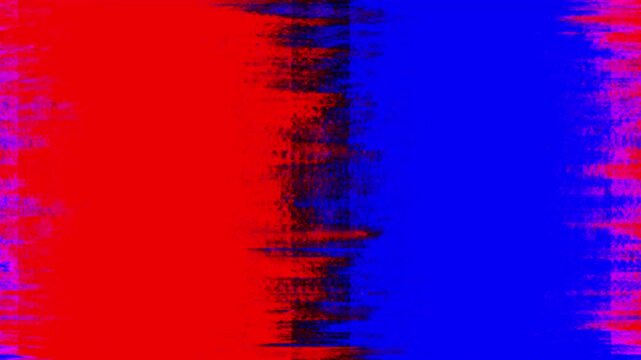 Strong static glitch effect background texture, divided between bright red and dark blue colors with digital signal interference in the center.
