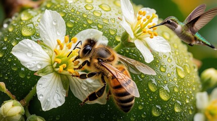 Naklejka premium Macro view of bee on flower collecting pollen, tiny hummingbird drinks nectar nearby. Water drops on green leaf background, summer garden scene, vibrant nature.