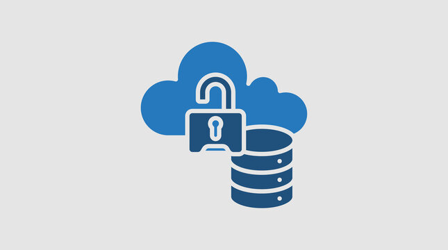 Cloud database icon featuring an open padlock and server storage symbol illustrating cloud security vulnerability and data access.